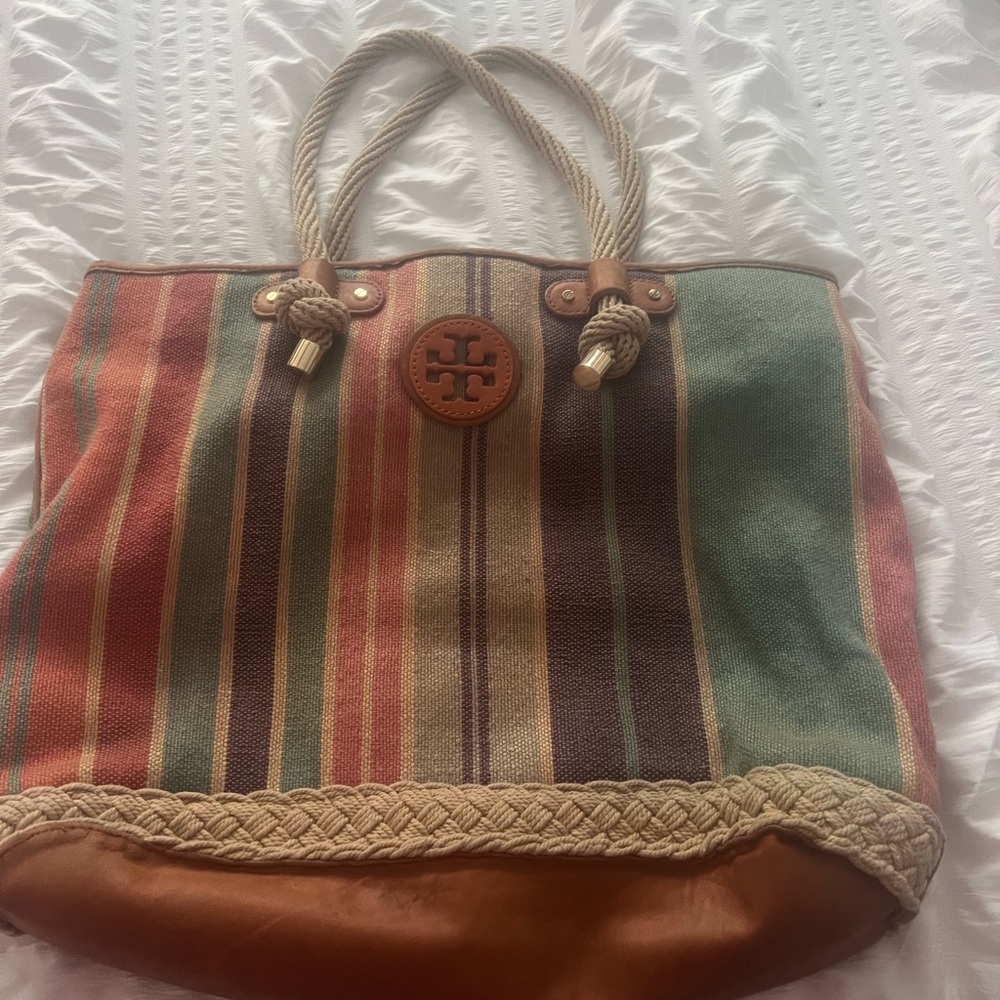 Tory Burch Brown and Green Tote Bag with Leather Accents